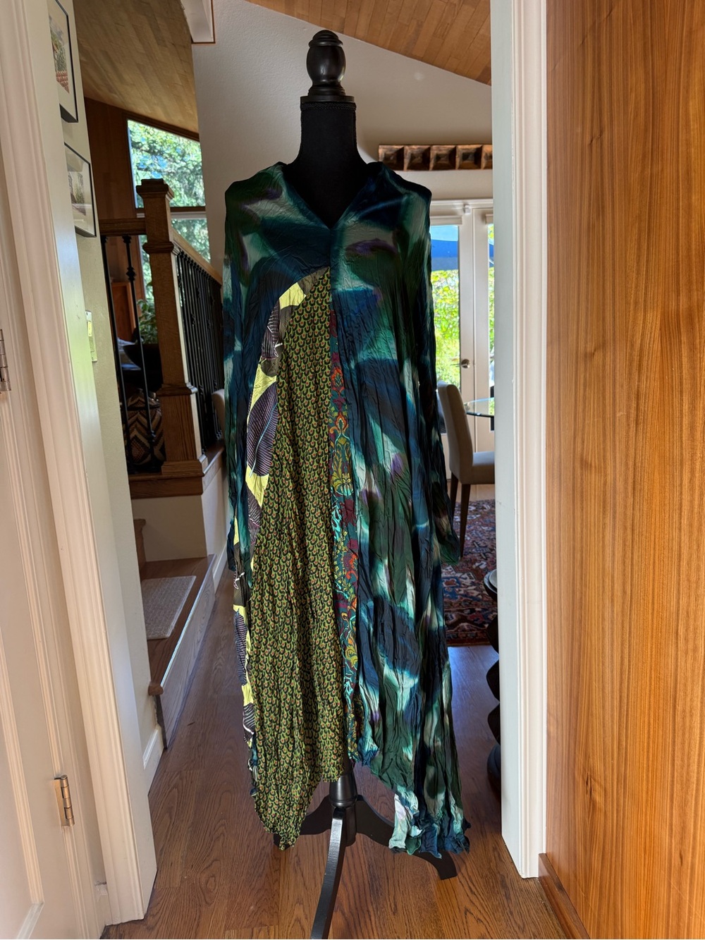 Green & Blue Patterned Midi Dress with Layered Draping